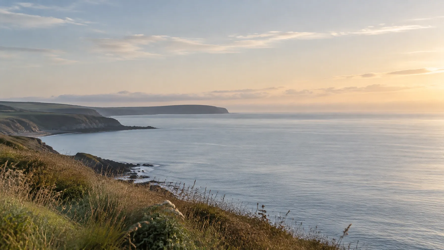 A quiet coastline beneath a soft morning sky